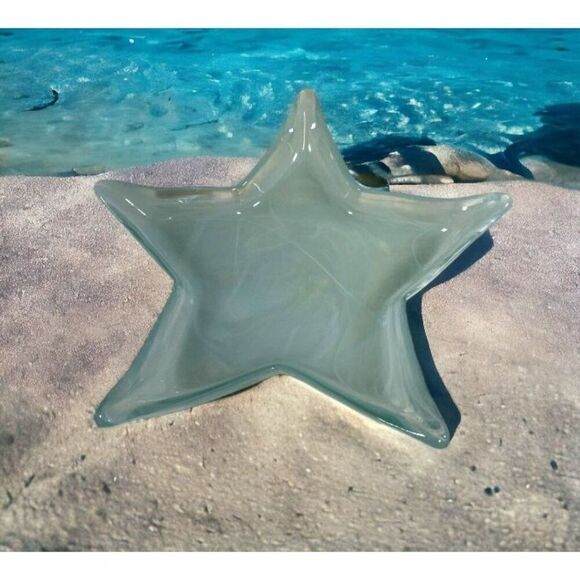 Recycled Art Glass Starfish Dish Green Swirl Nautical Beach Decor Bowl 13" VTG - Picture 1 of 7